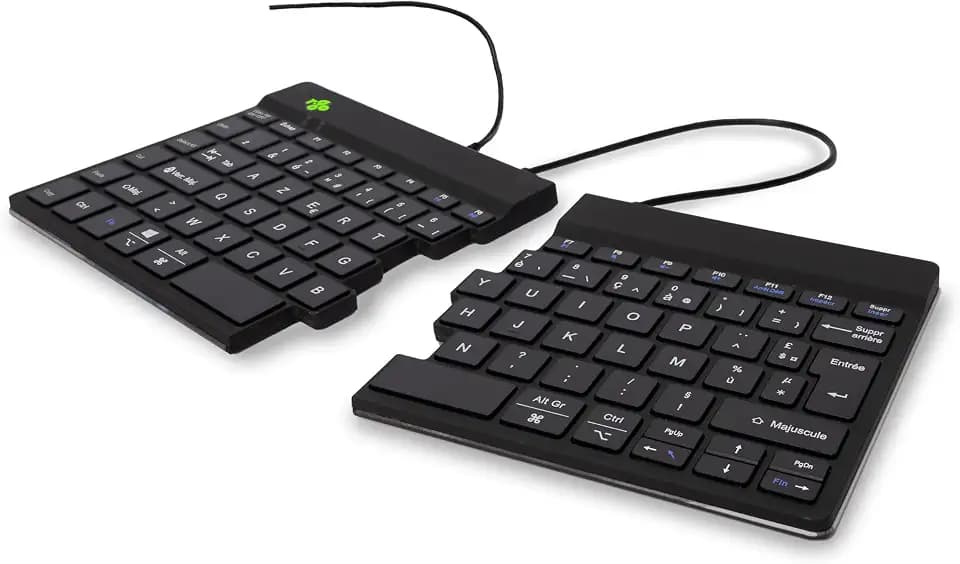 R-Go Split Tastatur, Ergonomische Design mit Geteilte Tastenfeld und Integrierter Pausenanzeige, AZERTY (FR) Layout, USB Kabelgebunden, Schwarz