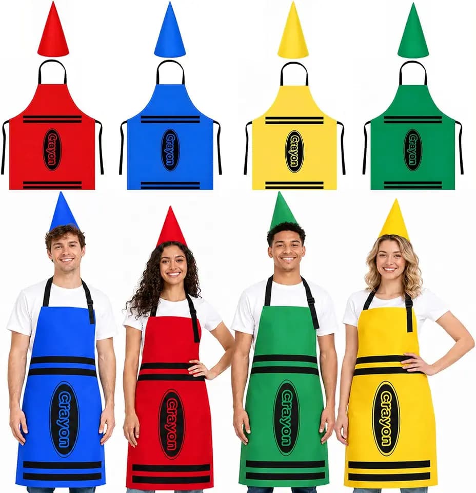 8 Pcs Crayon Costume for Adults,4 Crayon Aprons and 4 Cone Hats for Men Women Group Halloween Party Dress Up