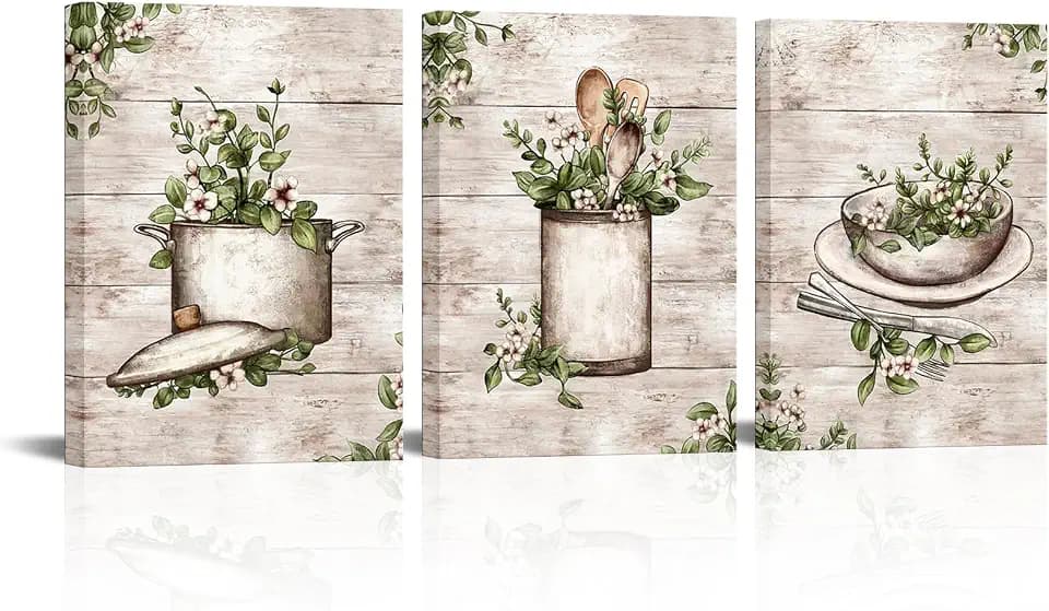 sechars Vintage Kitchen Wall Art Canvas Farmhouse Kitchenware Painting Prints Retro Utensils with Flower Pictures Arkwork Dining Room Decor (Brown)