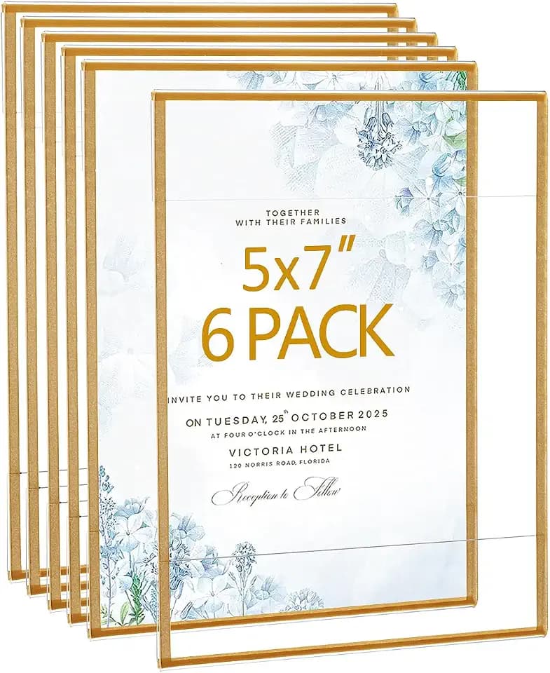 Acrylic Picture Frames 5x7 Set of 6,Gold Photo Frames Collage Wall Decor,No Drilling 5x7 Floating Hanging Picture Frames for Home, School, Office - Gold Color