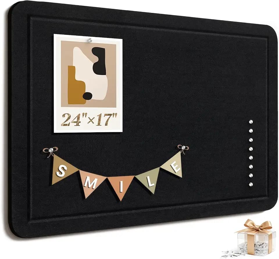 Large Bulletin Board, 24 X 17 Inches Felt Cork Board with 40 Pushpins, Foldable Felt Notice Pin Board Photo Display Board with Self-Adhesive Tape for Office Home School (Black, 24x17 inch)