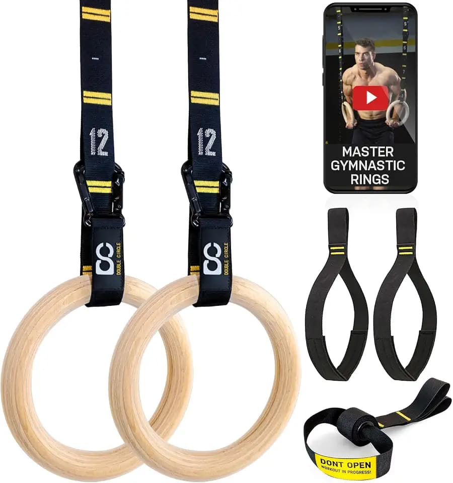 Double Circle Gymnastics Rings with Straps, Calisthenics Wooden Rings (Multi-Size)