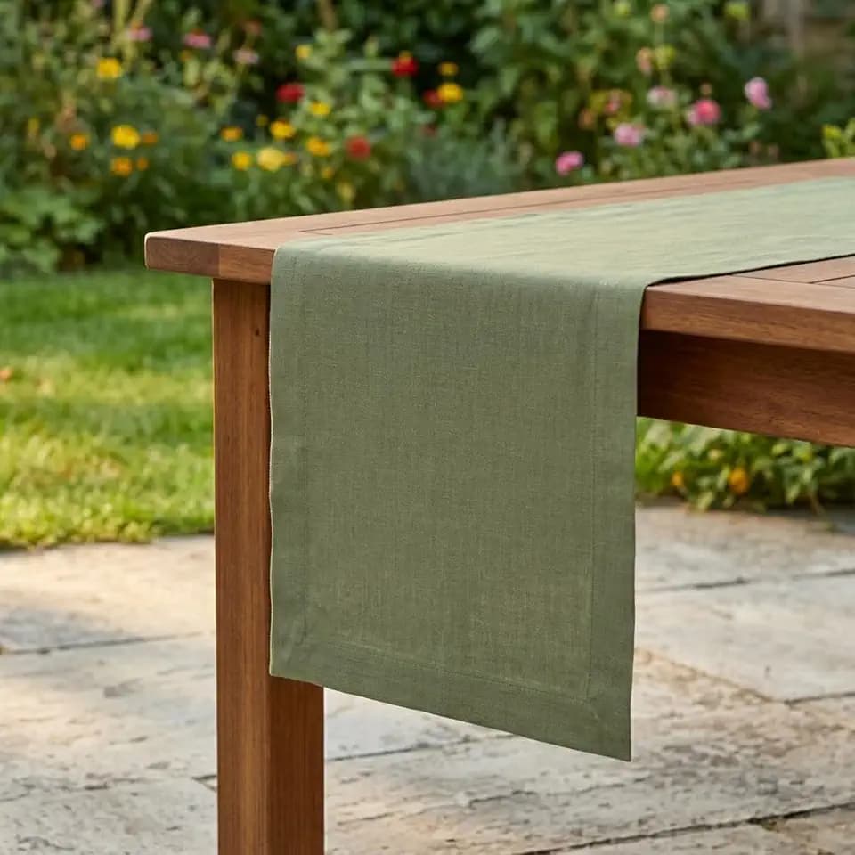 Solino Home 100% Pure Linen Table Runner Oil Green Long, Fete 14 x 108 in
