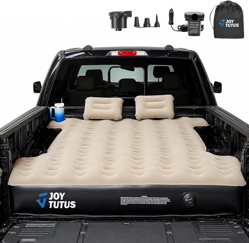 JOYTUTUS Truck Bed Mattress for 5.5-5.8Ft, Full Size Inflatable Mattress Pickup Short Beds for Outdoor Camping, with Carry Bag & Cup Holder & Cavity Design, Camel&Black