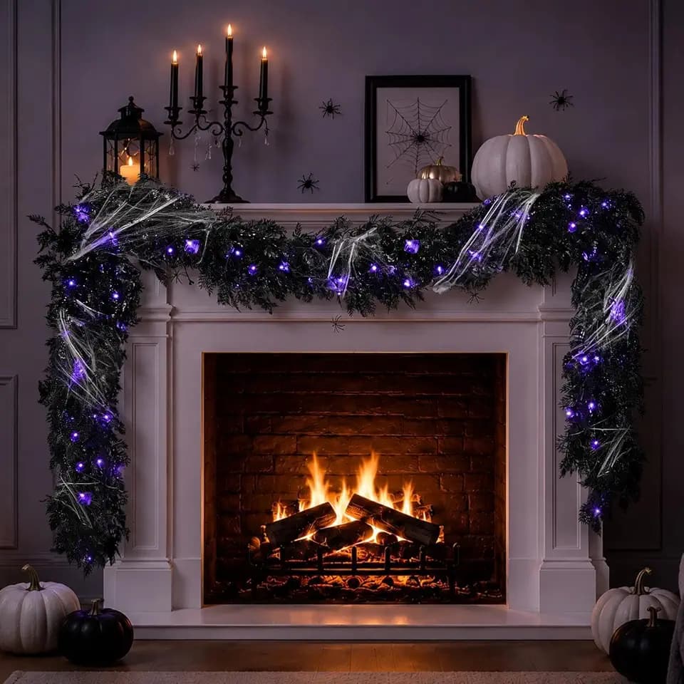 Pre-lit Halloween Garland Decorations Black Real Touch Cedar Cypress with Berry & Spider & Spiderweb Halloween Garland for Mantle, Fireplace, Table, Stairs, Door, Indoor Outdoor Decor, 9FT
