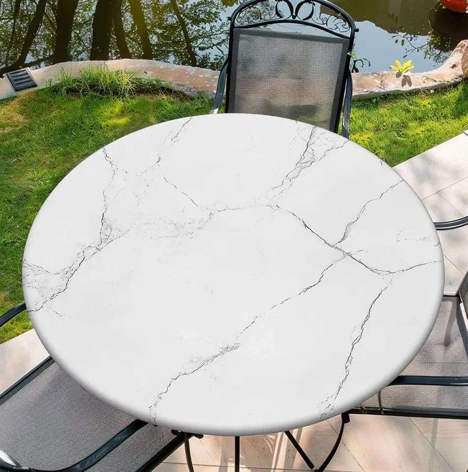 Round Tablecloth with Elastic Edge, 36-60Inch Waterproof Table Cloth for Dinner, Outdoor, Picnic, 60inch, White Marble
