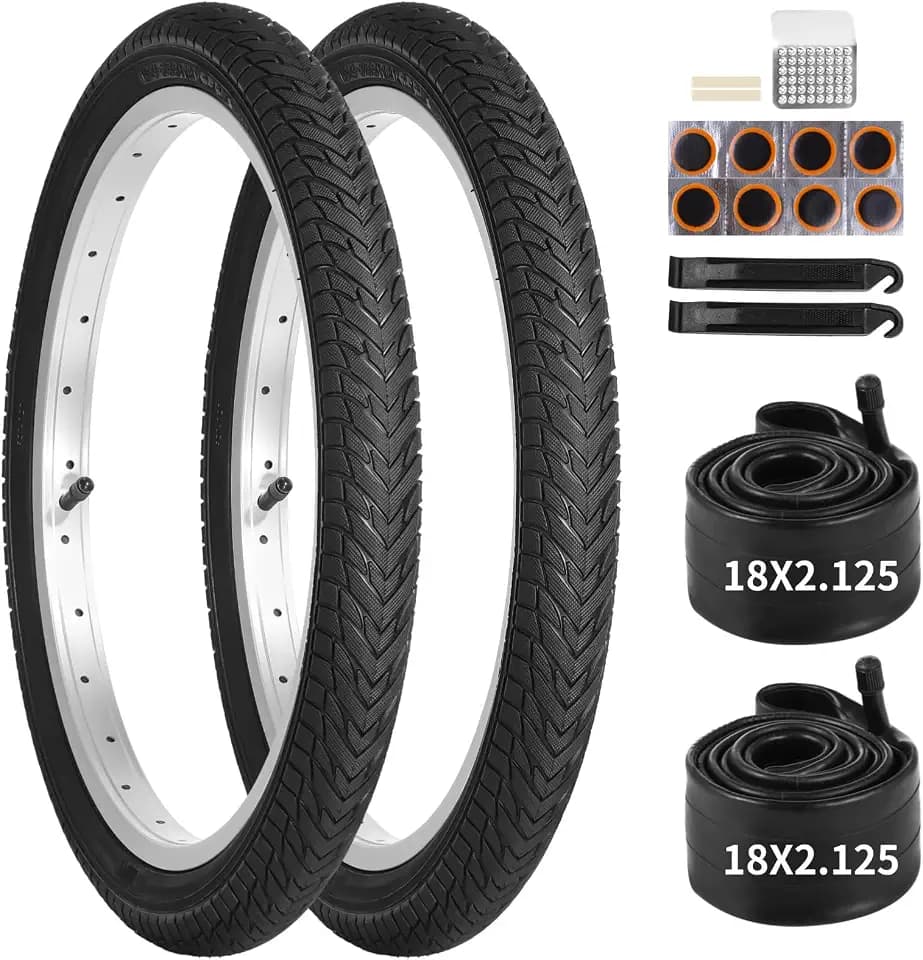 18" Kids Bike Tires Set, 2 Pcs 18×2.125" Replacement Tires with 2 Pcs Inner Tubers & Repair Kit, Shock Absorption Bicycle Tires with AV 1.18" Valves, Fit Most Kids Bikes