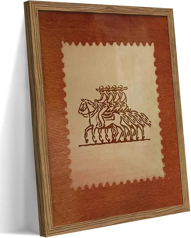 Framed Rustic Stamp Wall Art, Vintage Mexico Cowboys on Horseback Wall Decor, Earthy Tones Western Cowboy Canvas, Modern Farmhouse Pictures Prints for Bedroom Living Room – 8x10 inch