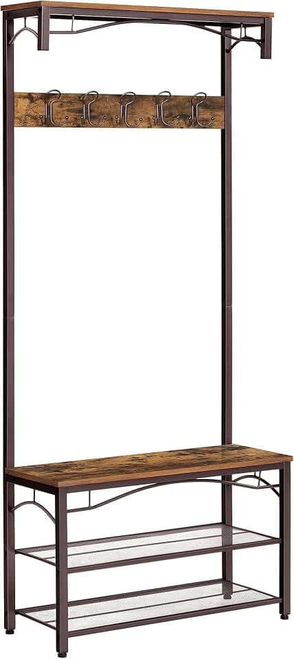 VASAGLE Coat Rack and Storage Bench, Hall Tree with 5 Hooks, Steel Frame