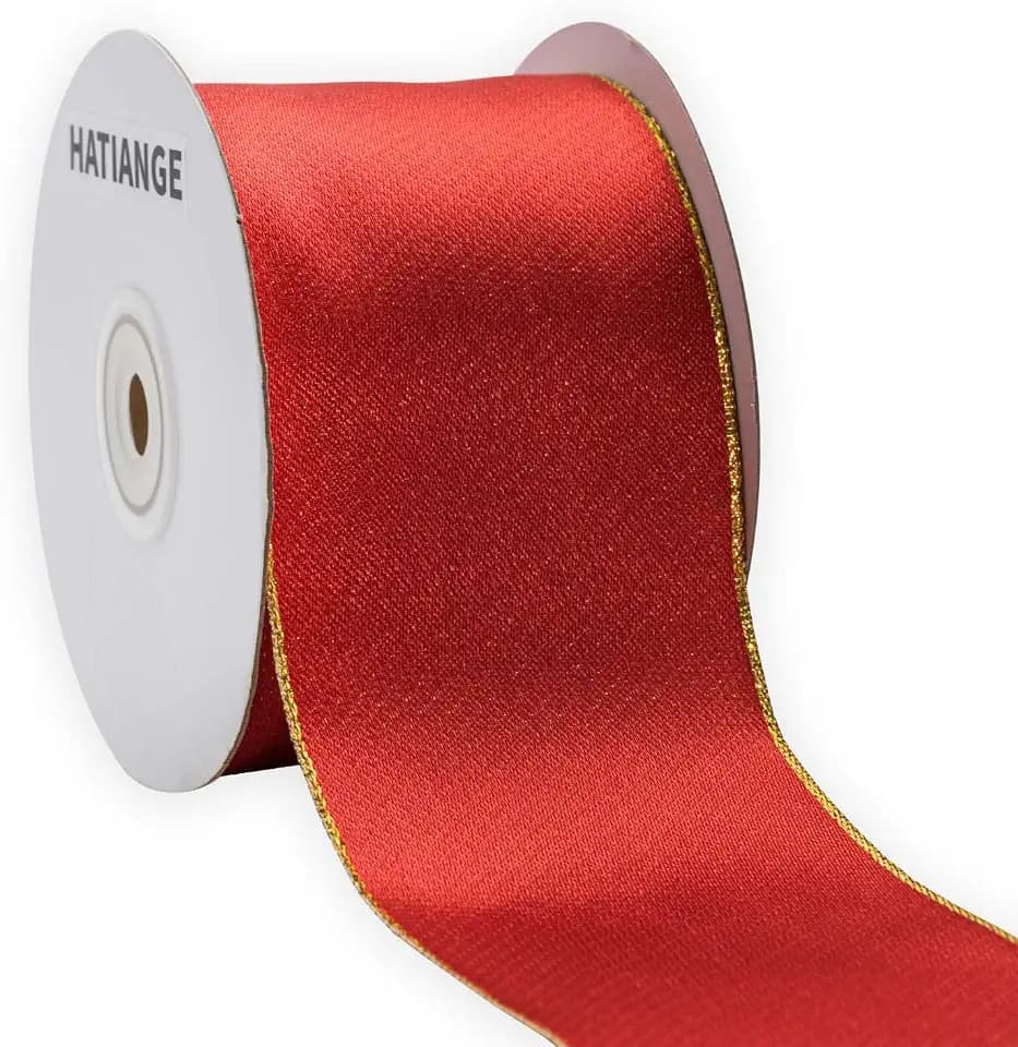 HATIANGE Christmas Wired Ribbon Red Gold Lame for Xmas Wreath Bows Floral Craft Ornaments,2-1/2 Inch X 10 Yards