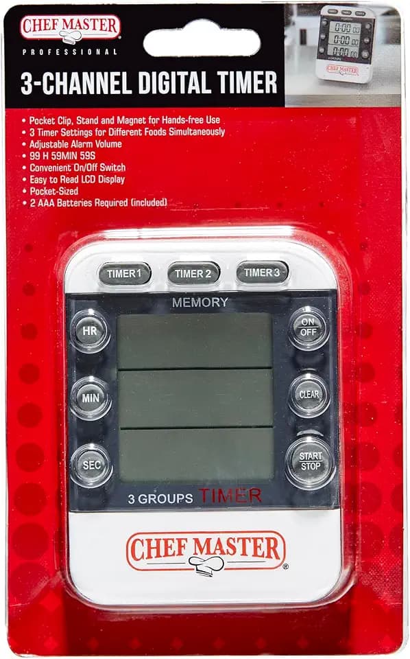 3-Channel Digital Timer by Chef Master, Triple Channel Count Up/Down Kitchen Digital Timer for Cooking, Roasting, Grilling, Marinade, Boiling, Baking, Pocket Clip, Stand & Magnet for Hands Free -90271
