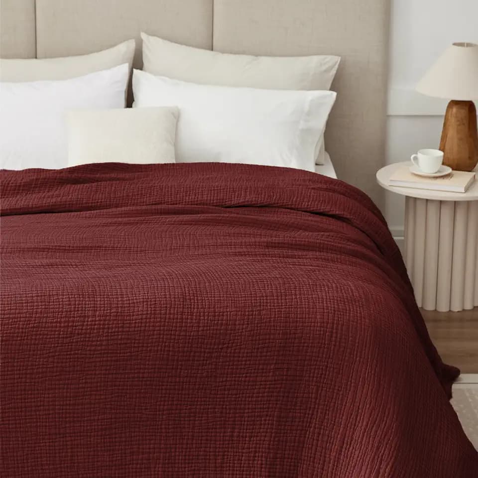 Cooling Cotton Blanket Large 50"x 70", 6 Layers Breathable and Lightweight Muslin Throw Blankets for Couch, Soft Cool Summer Gauze Blanket for Adults All Season, Burgundy