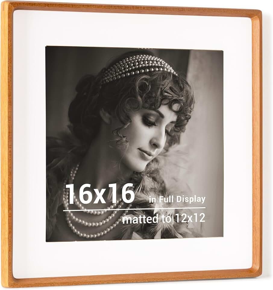 16x16 Picture Frame, USA-Sourced Teak Wood Photo Frames with HD Tempered Glass, Handcrafted Rounded Corner 16 x 16 Wooden Frames Matted to 12x12 Photos, 16x16 Frame, Tabletop or Wall Display