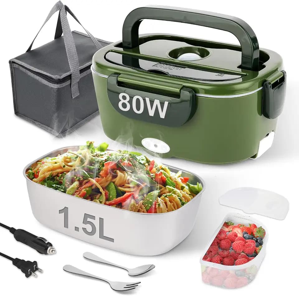 80W Electric Lunch Box for Adults, 1.5L Heated Lunch Box, Green