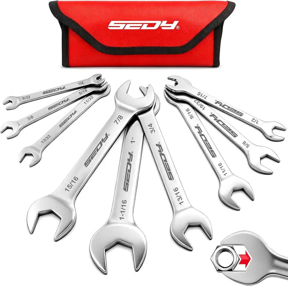 9-Piece Super Thin Open-End Wrench Set, SAE 1/4"-1-1/16", 3mm Thickness Slim Wrench Set for Tight Spaces, Nickel Plated Flat Wrenches with Rolling Storage Pouch