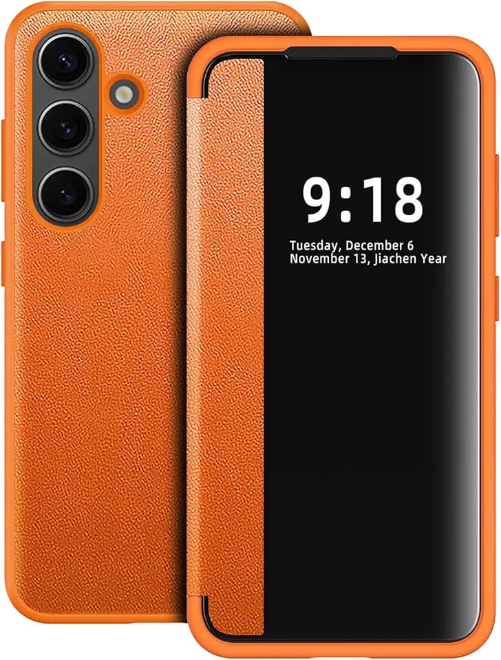 Flip Case for Samsung Galaxy S25 Plus Case S View, Frosted Translucent Window Clear View Folio Protective Phone Case, 360 Degree Full Body Shockproof Flip Cover Case for Samsung S25 Plus 5G (Orange)