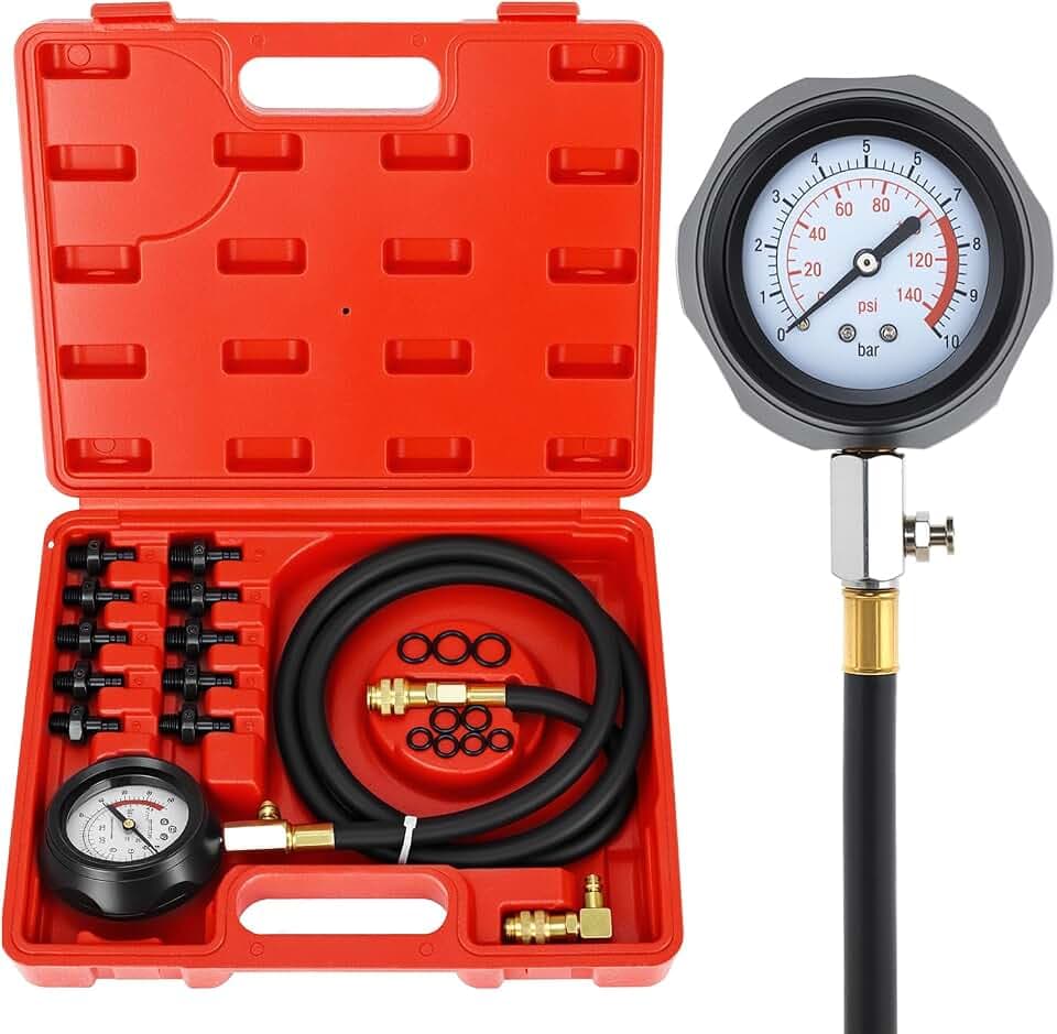 QWORK®Öldruck Messgerät, 140 PSI / 10 Bar Motorzylinder Öldruckprüfer Set mit 10 Adaptern, Ideal für Auto, Motorräder & Traktor
