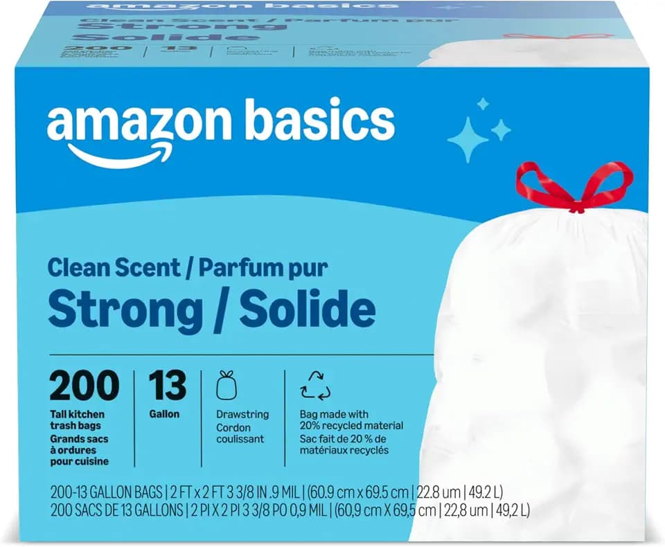 Amazon Basics Scented Trash Bags, Tall Kitchen Drawstring, Clean Scent, 13 Gallon, 200 Count, Pack of 1, Packaging May Vary