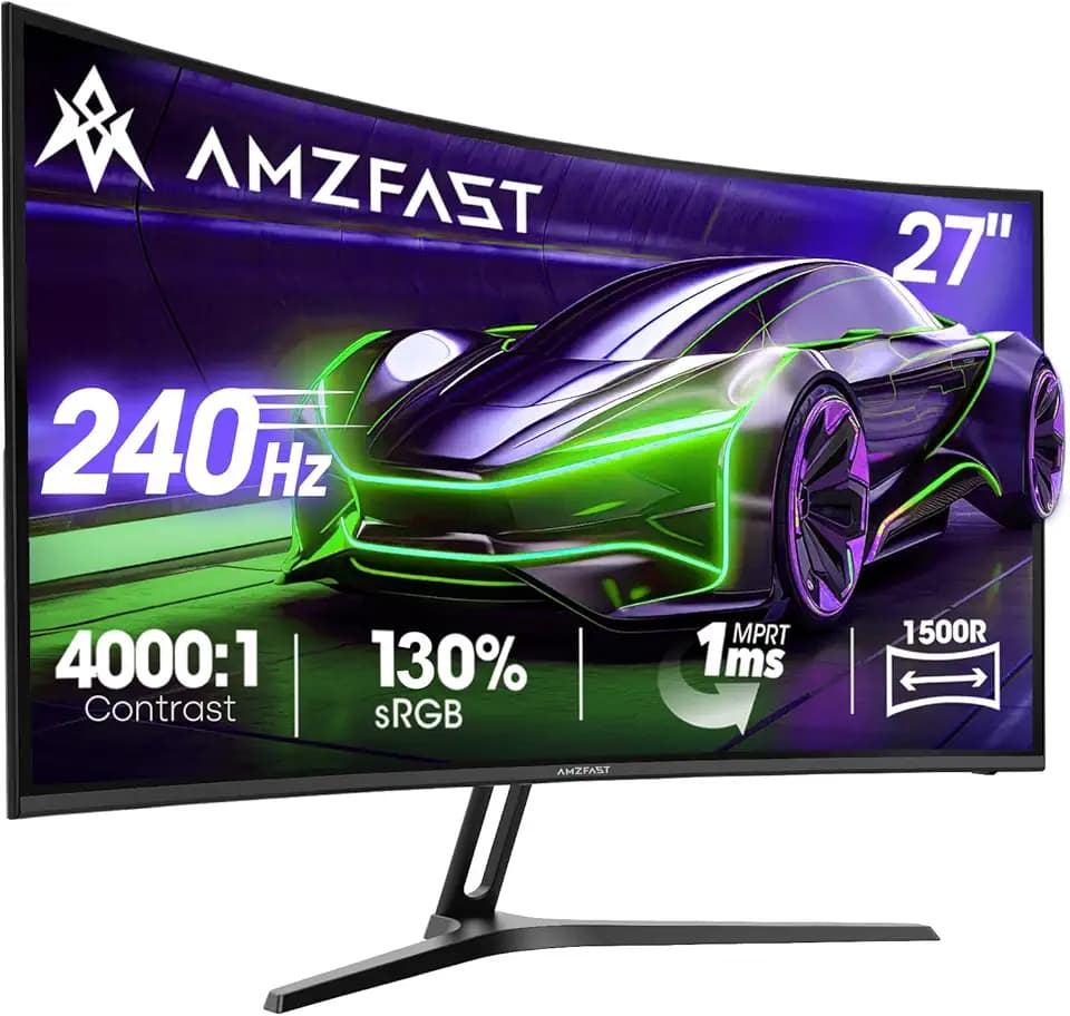 Amzfast 27 Zoll Curved Gaming Monitor 240Hz, 1920x1080 FHD, VA Curved 1500R, 1ms MPRT, Adaptive Sync, 4000:1 Kontrast, 95% DCI-P3, 130% sRGB, HDR, HDMI 2.0&DP 1.4, VESA 100x100mm, AMZG27C1 Pro