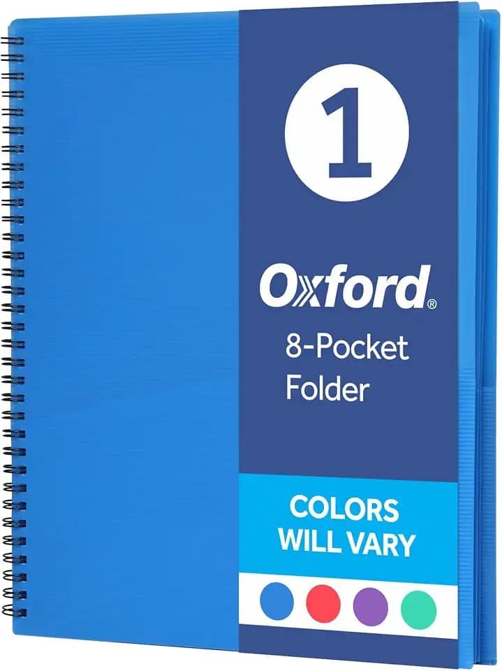Oxford Poly 8-Pocket Organizer, Letter Size Folder, Durable Translucent Poly, Wire Binding, Holds 200 Sheets, Assorted Colors (Red, Blue, Green and Purple), No Color Choice, 1 Per Pack (5740404)