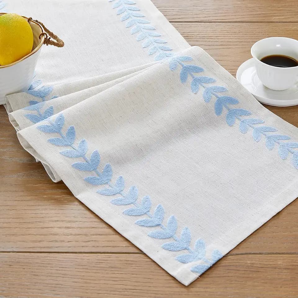 Wracra Embroidered Table Runner, Blue Table Runners 36 Inches Long