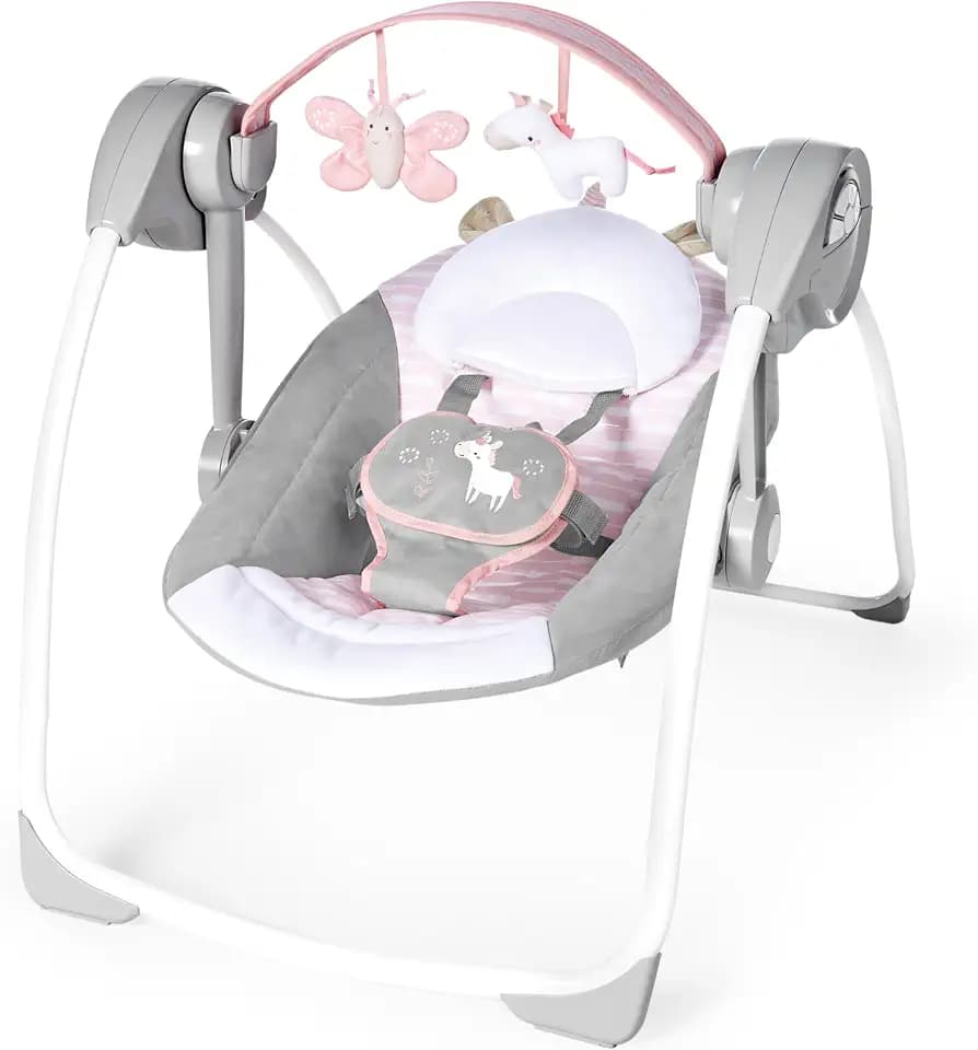 Ingenuity, tragbare Babyschaukel & Babywippe, Flora the Unicorn - 6 Schaukelgeschwindigkeiten, 3 Zeitschaltuhreinstellungen, 12 beruhigende Melodien, Neugeborene 0-9 Monate, 9 kg Max, Rosa