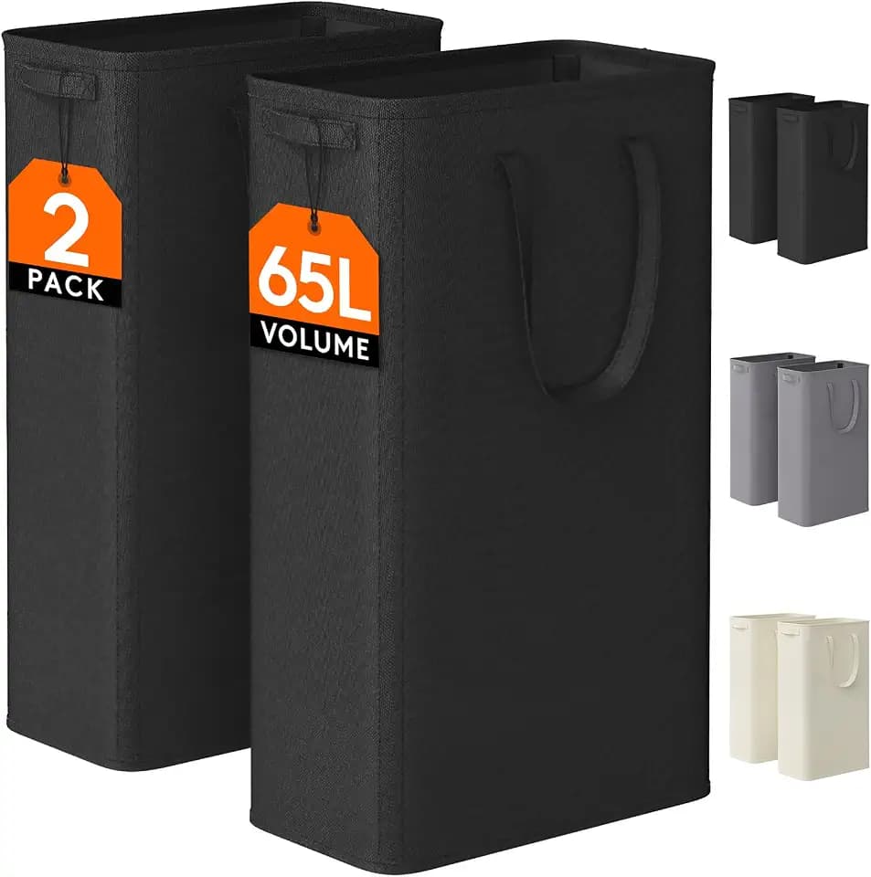 Lifewit 2 Pack Slim Laundry Hamper with Handles, 65L, Black