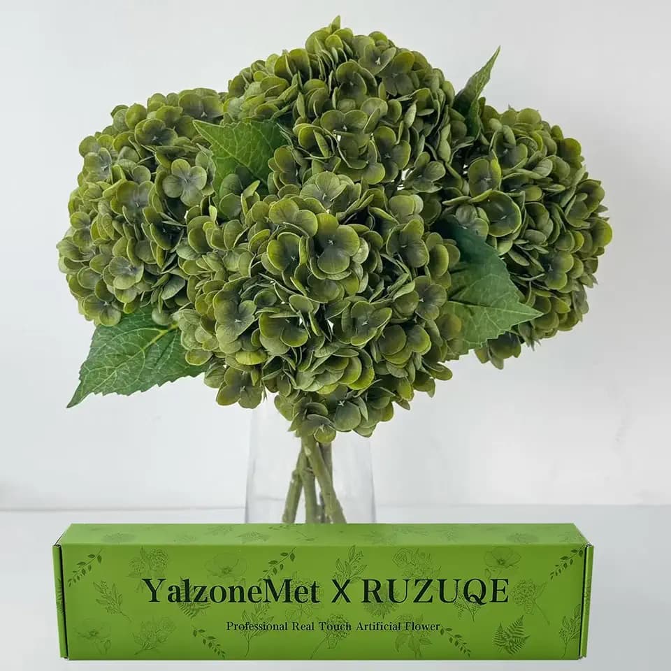YalzoneMet 4Pcs Dark Green Real Touch Hydrangea Artificial Flowers 21'' Faux Latex Hydrangea Flowers for Fall Table Centerpieces Fake Flowers for Home Kitchen Living Room Boho Decor