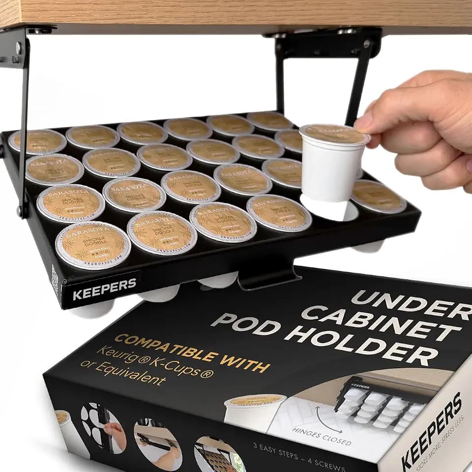 COFFEEKEEPERS KEEPERS Coffee Pod Holder — Holds 24 K-Cups, Under-Cabinet Swing-Down Design, 13x9.5x1in Steel Organizer for Small Kitchens & RV