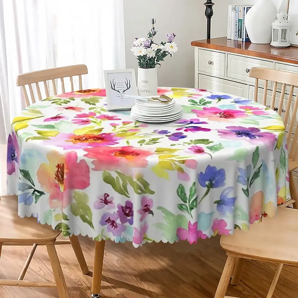 Spring Floral Round Tablecloth 54 Inch Colorful Watercolor Flowers with Leaves Printed Table Clothes Cover for Dining Room Kitchen Home Decor Patio Garden Picnic Indoor Outdoor Party