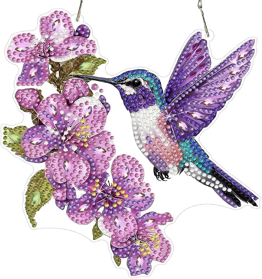 Bird DIY Hanging Diamond Art Kits for Adults Flower, Hummingbird Diamond Painting Kits, Special Shaped Rhinestone, Acrylic 5D Gem Art Craft Window Pendants Home Garden Wall Hanging Ornament Kits