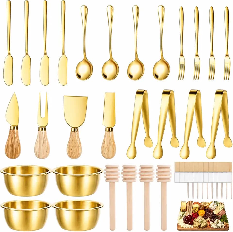 48 Pieces Charcuterie Board Accessories Cheese Butter Spreader Knife Set, Stainless Steel Mini Serving Tongs Spoons Forks Dipping Bowls Honey Dipper Toothpick Flags Utensils for Party Wedding