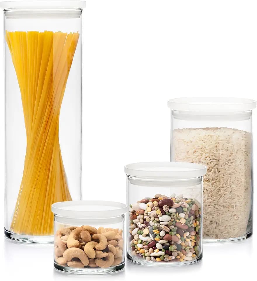 Libbey Stacking Cylinder Assorted Storage Jars, Stackable Glass Jars Set of 4, Airtight Plastic Lids, Dishwasher Safe Food Jars for Storing Dry Goods