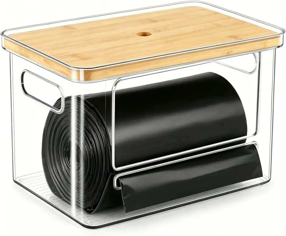 1 Pack Trash Bag Dispenser with Bamboo Lid, Stackable Trash Bag Holder Dispenser for 13/30/33 Gallon Rolls, Extra Large Garbage Bag Organizer, Trash Bag Organizer for Kitchen, Under Sink, Laundry Room
