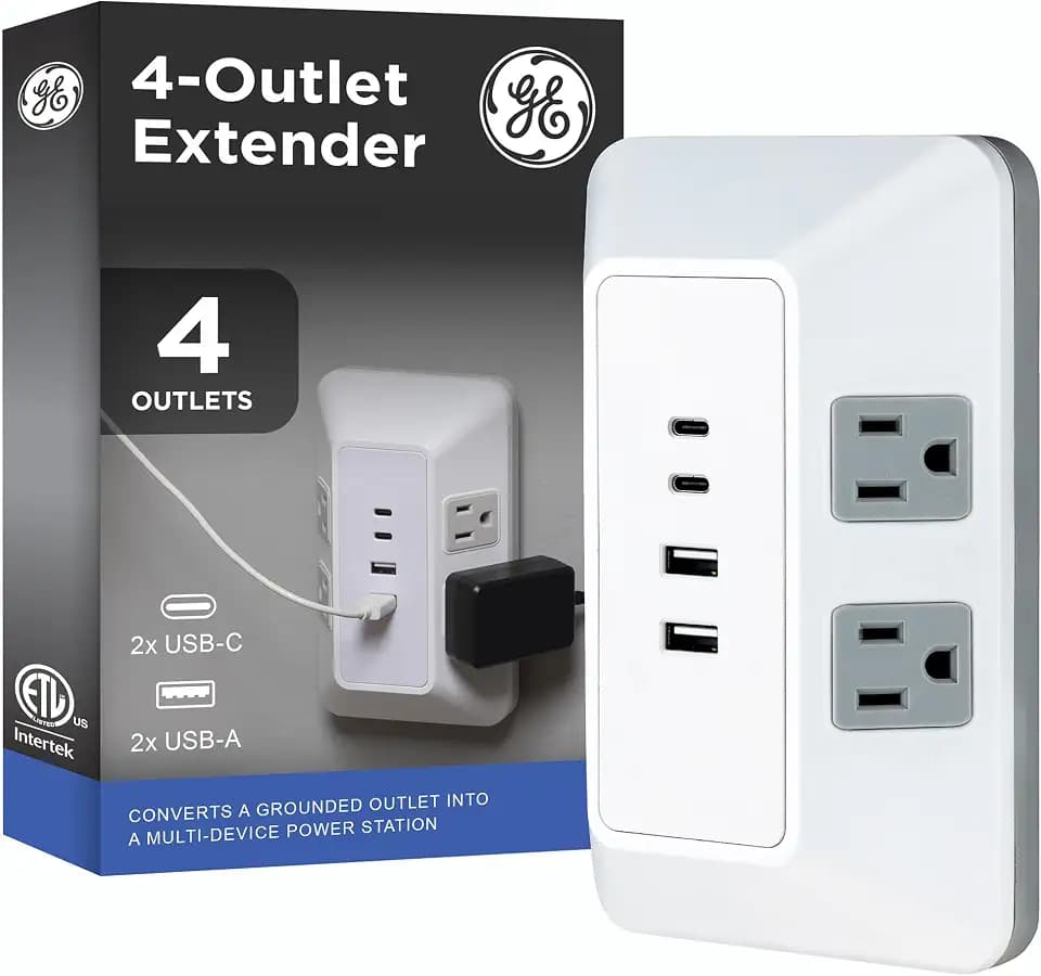 GE Outlet Extender with USB Ports, 4 Outlet Splitter, 2 USB-A, 2 USB-C
