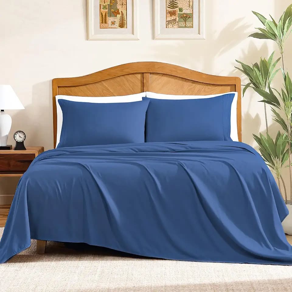 ClevaHome Queen Size Sheets, 4-Piece Fitted Queen Sheets, Navy Blue