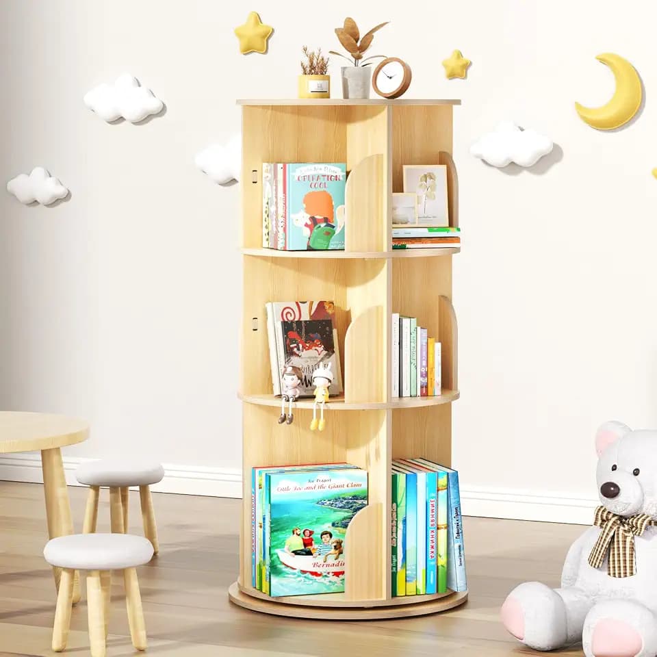 BIERUM 360 Degree Kids Rotating Bookshelf, 3 Tier Revolving Bookcase Tower