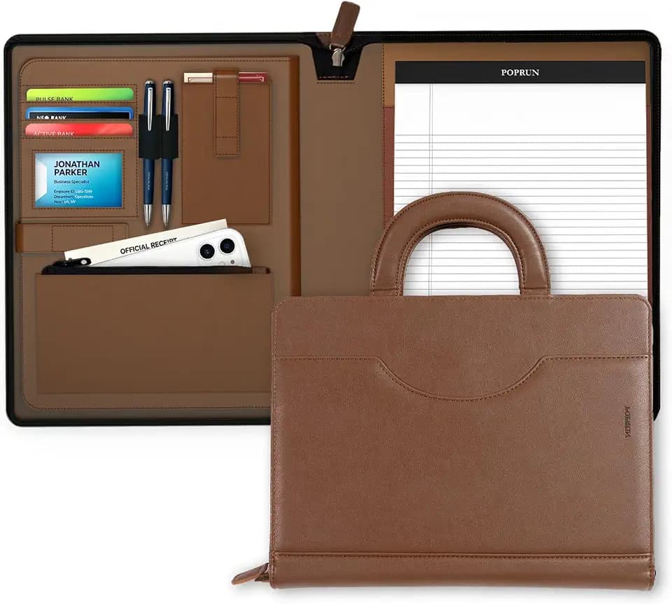 POPRUN PU Leather Padfolio Portfolio with Handle, 50 Sheet Notepad, Brown