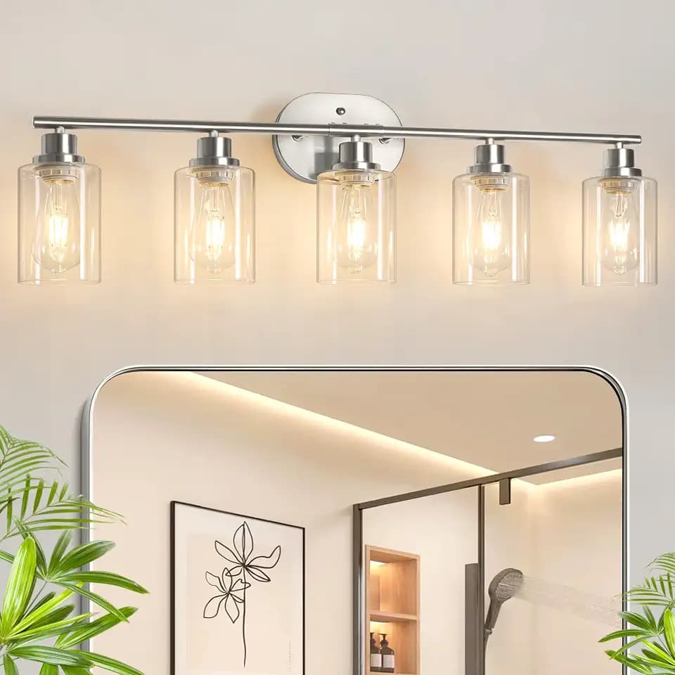 Unicozin Bathroom Light Fixtures, 5 Light Vanity Lights for Bathroom, Brushed Nickel Wall Lamp with Clear Glass for Mirror, Living Room, Hallway, Cabinet, E26 Base