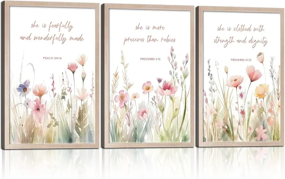 3Pcs Christian Floral Scripture Canvas Wall Art, Wildflower Bible Verse Posters Wall Decor, Psalm Religious Faith Art Pictures Prints for Living Room Bedroom Decorations 24x16in Framed