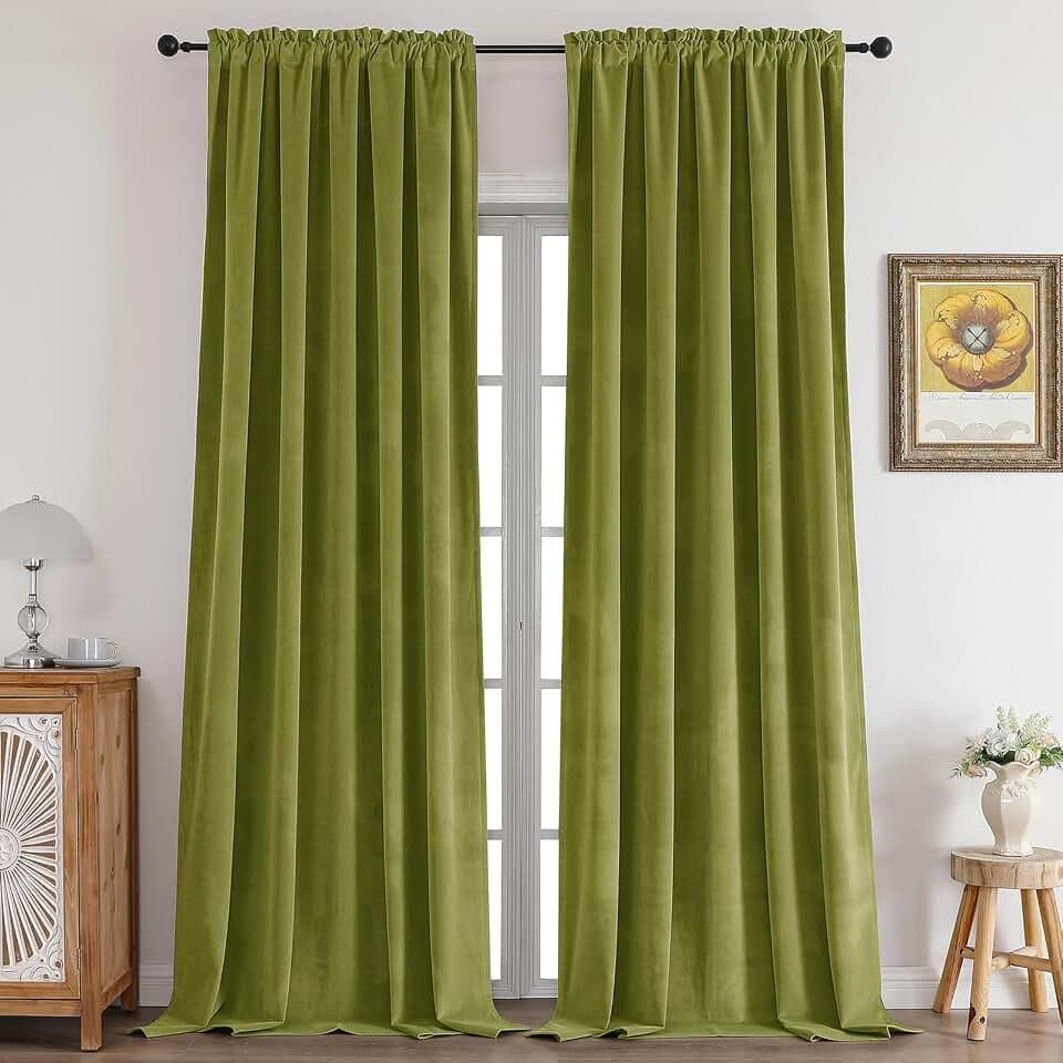 CUCRAF Olive Green Velvet Blackout Curtains 84 inches Long, Thermal Insulated, Noise Reducing Rod Pocket Luxury Drapes for Bedroom Living Room(52x84 inches, 2 Panels)