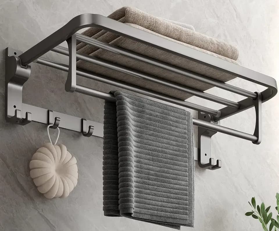 Mustorn Bathroom Towel Rack with Towel Bar and Hooks 23.6 in Foldable Towel Shelf Wall Mounted Lavatory Towel Organizer Modern Gray Finish