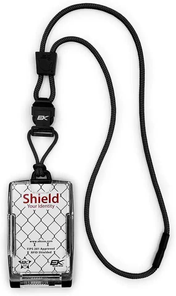 EK World Wide FIPS‑201 One Hander ID Card Holder with Detachable Breakaway Lanyard – Secure Flip‑Open Badge Holder for CAC/TWIC Smart Cards, Holds Two Cards (C20 Black)
