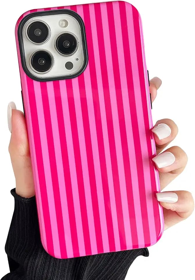 Compatible with iPhone 16 Pro Max Case, Cute Fashion Aesthetic Striped Pattern Cover for Women, Shockproof Soft TPU and Hard PC Protective Phone Case for iPhone 16 Pro Max 6.9"- Hot Pink
