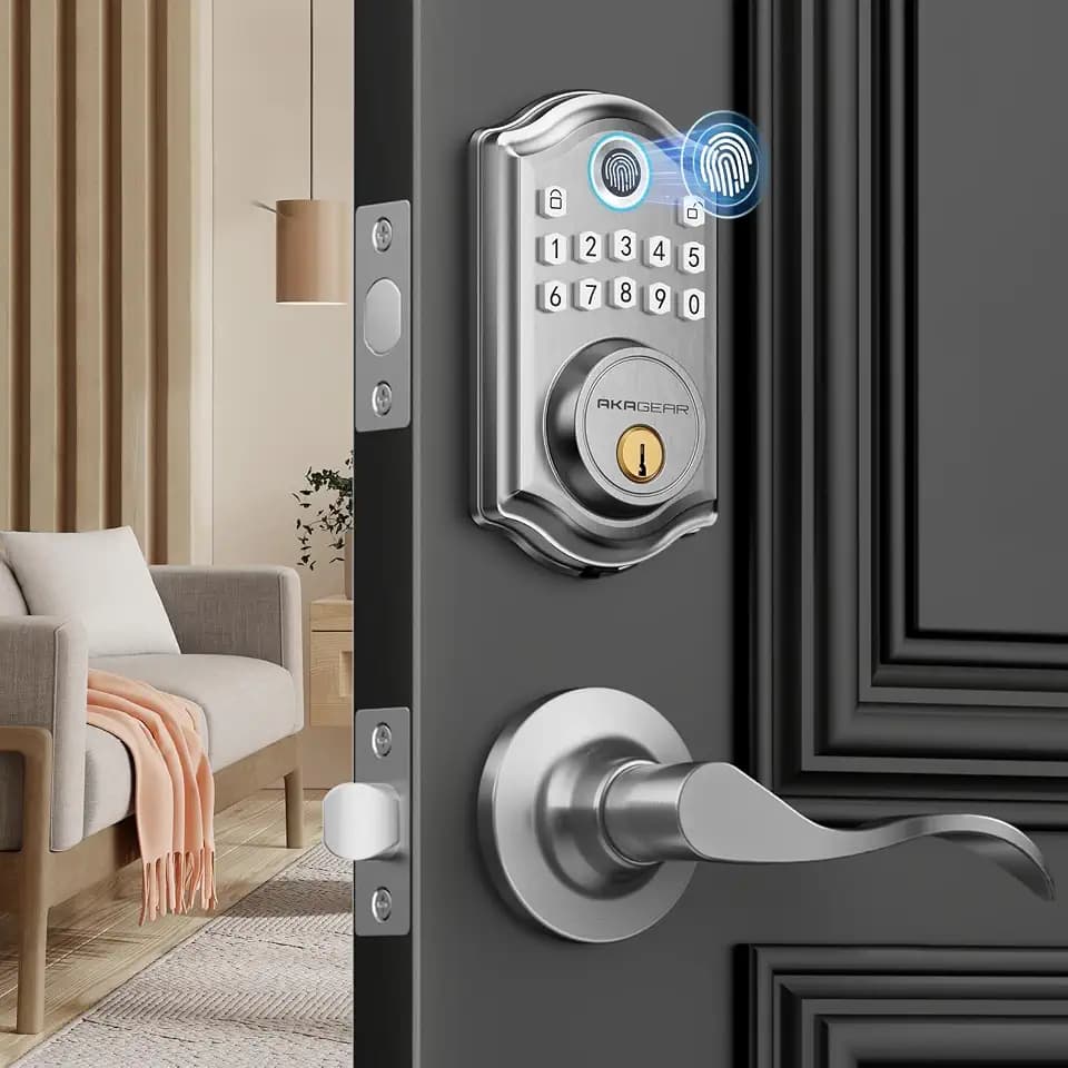 AkaGear Fingerprint Keyless Entry Door Lock with Lever Handle Set, Nickel