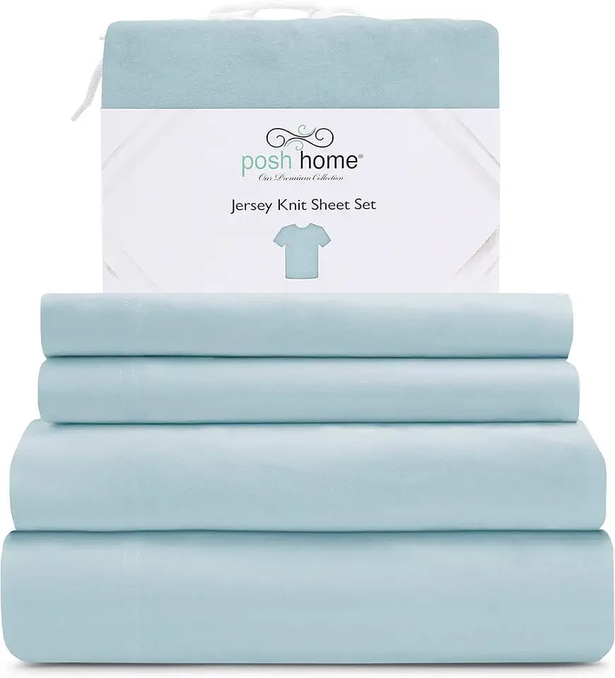 Posh Home Twin Size Jersey Knit Sheet Set, 3-Piece - Soft & Breathable All-Season Cotton Blend with Deep Pockets - Flat Sheet, Fitted Sheet & 1 Pillowcase - Sky Blue