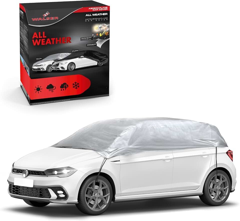 WALSER Auto Abdeckplane All Weather – wasserdichte Halbgarage Outdoor, wetterfeste PKW Abdeckung, Schutz vor Regen, Schnee & UV, Größe 1, Silber