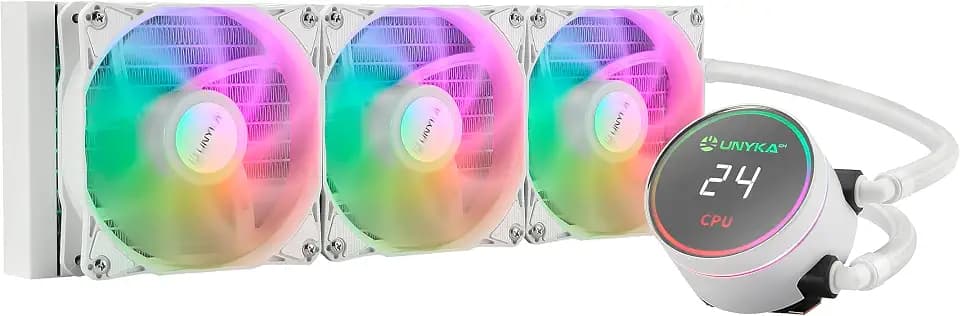 UNYKAch AQUASTORM White 360 CPU-Flüssigkühlung, leise Pumpe, Display zur Steuerung der CPU-Temperatur und drei RGB-Lüfter mit PWM-Sensor