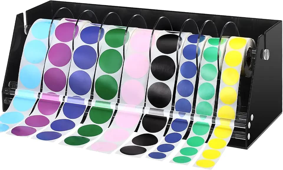 Feifeiya Adjustable Label Dispenser Acrylic Sticker Roll Dispenser Label Roll Holder Multi Use Sticker Holder Organizer Stand for Home Office Restaurant Kitchens Bakeries and Cafes(9 Disks)