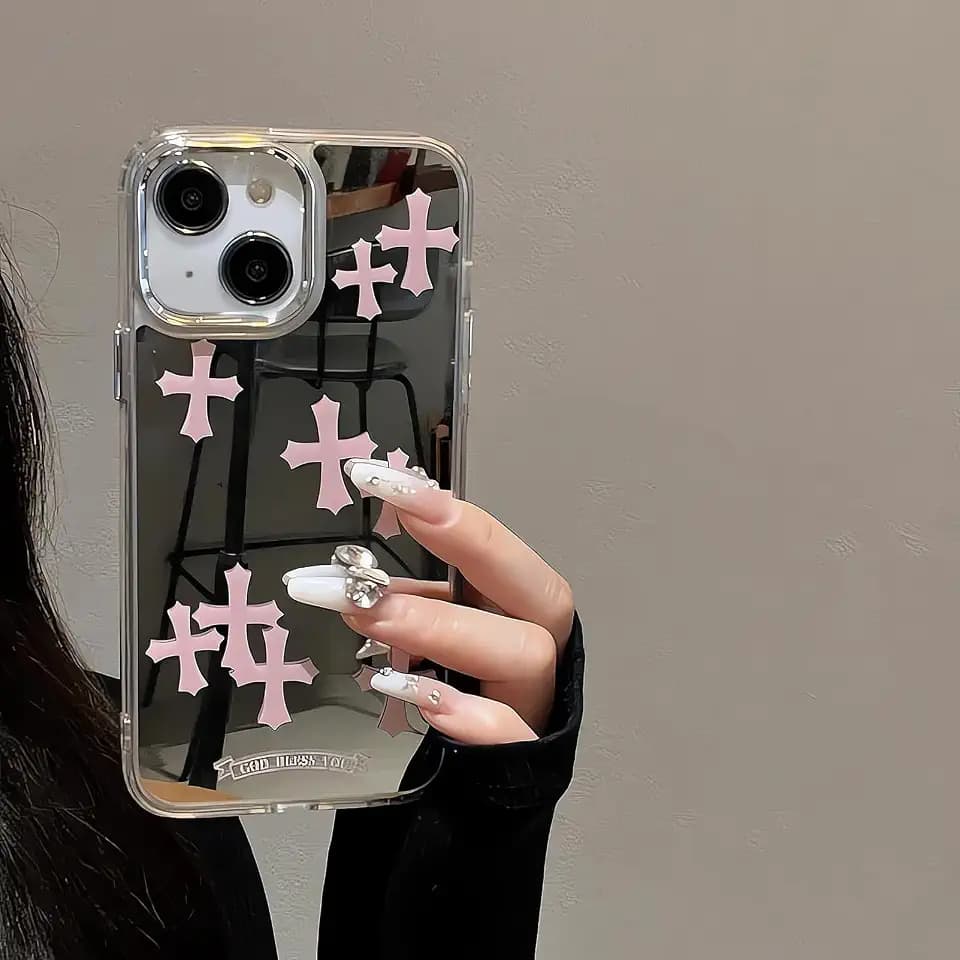 Compatible with iPhone 14 Plus Cute Glossy Mirror Back Case,Cross Pattern,Senior Shockproof Protection for iPhone 14 Plus Case for Women Girls-Pink
